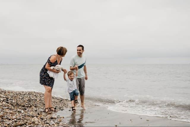 Children's author Clair Maskell has written The Lost Bear for baby loss awareness week, in honour of the Overy family from Gosport. Pictured: A family photo of Sarah, Matt, Sebastian and Keira's bear