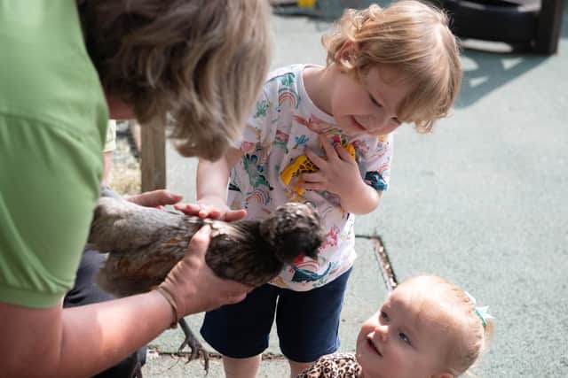 Children petting the animals on a charity visit at the Roberts Centre nursery. Picture: Mable Nsingo