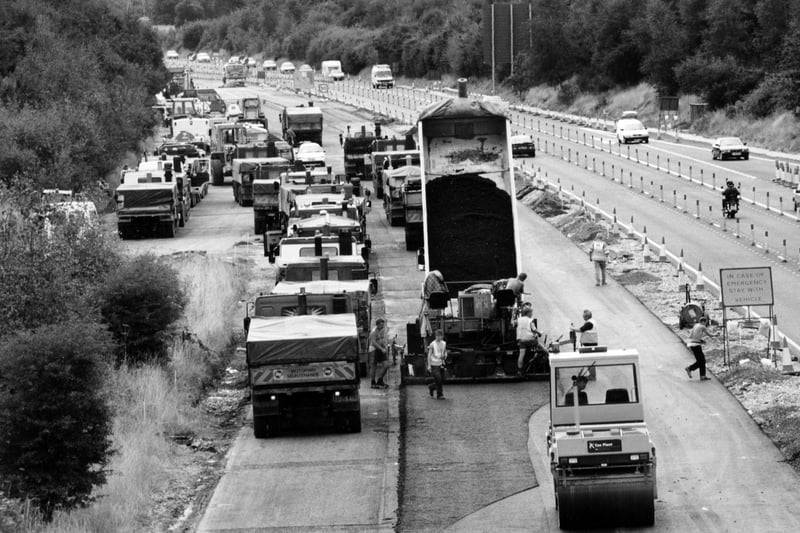 Renovating the Southbound carriageway of the A3M motorway at Waterlooville interchange, 1994. The News PP5468