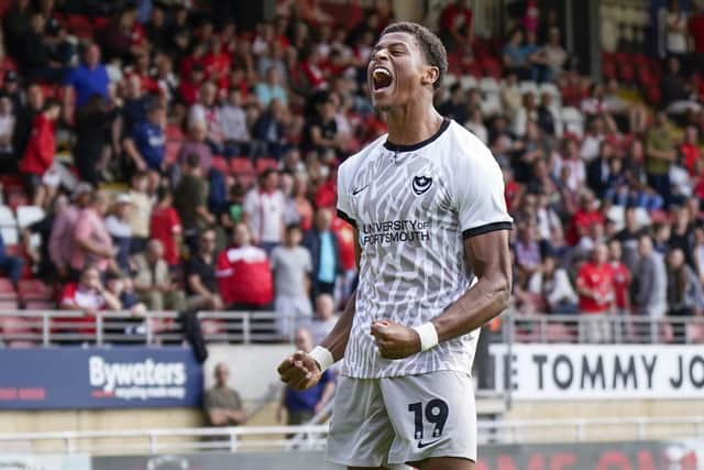 Kusini Yengi celebrates scoring from the penalty spot against Leyton Orient on Saturday.