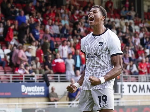 Kusini Yengi celebrates scoring from the penalty spot against Leyton Orient on Saturday.