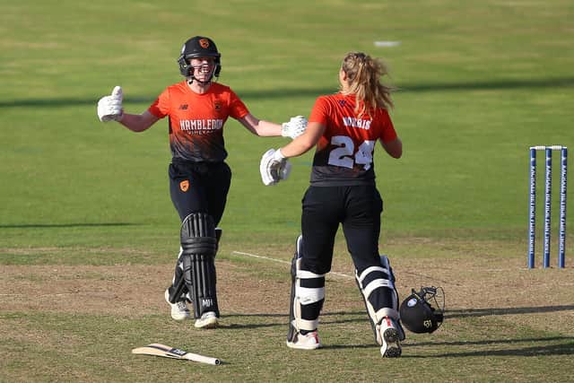 Southern Vipers pair Emily Windsor (left) and Tara Norris celebrate after victory against the Northern Diamonds. Picture: Nigel French/PA Wire.