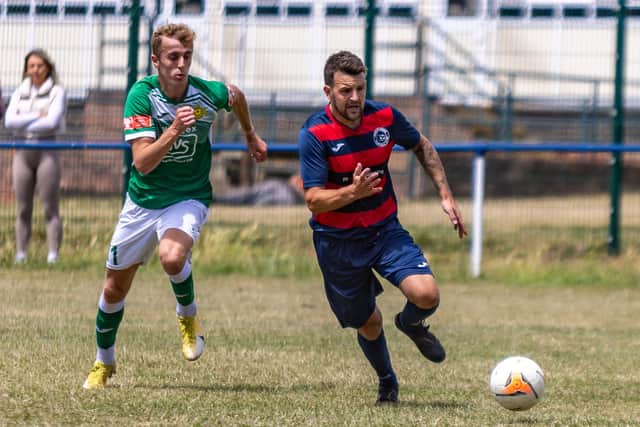 James Franklyn, left, made his first appearance for Moneyfields since early February in the pre-season friendly win at Paulsgrove. Picture: Mike Cooter