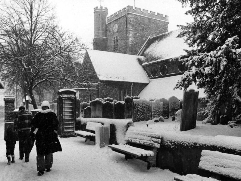 St Faith's Church in the centre of Havant, 1982 in the snow.