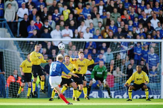 Robert Prosinecki fires in a free-kick against Preston in October 2001. Picture: Craig Prentis /Allsport