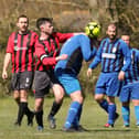 Jonny McMullen (red/black, second left) was 'amazed' he didn't score with a header as Rowner Rovers stunned Mid-Solent League Division 2 champions-elect Carberry 2-1. Pic: Kevin Shipp