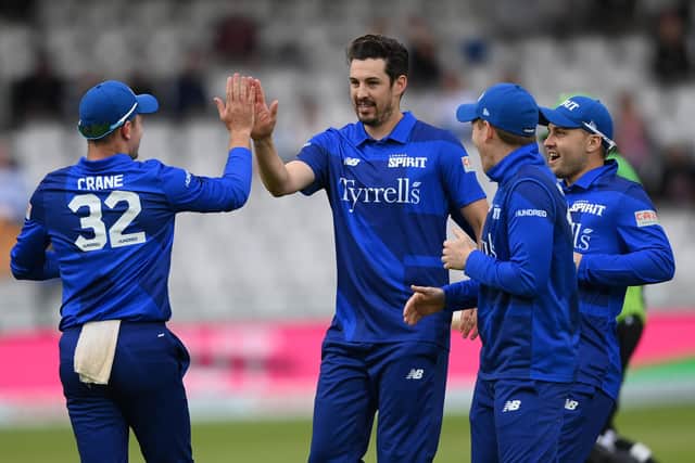Hampshire pair Chris Wood and Mason Crane of London Spirit celebrate after combining to dismiss county colleague James Vince of Southern Brave. Photo by Mike Hewitt/Getty Images.