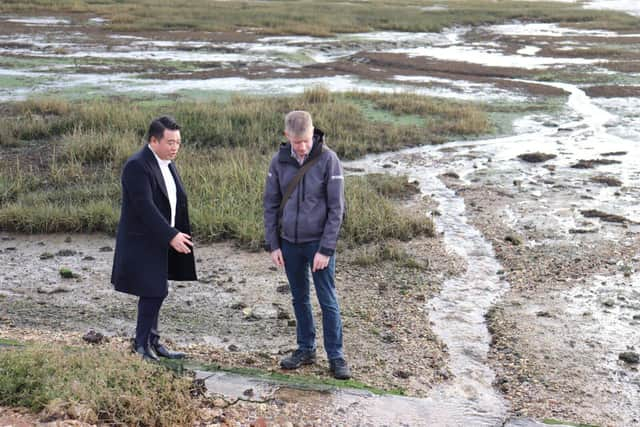 Alan Mak MP with Graham Horton from Natural England at Langstone Mill Pond