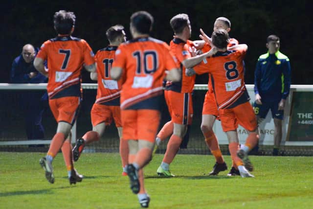 Portchester celebrate Lee Wort's first half penalty. Picture by Martyn White
