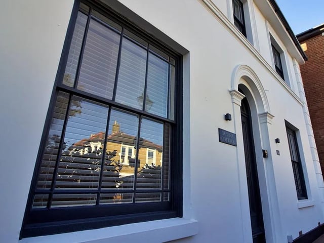 This property comes with four bedrooms, three reception rooms and two bathrooms, as well as a garden and a self-contained garage and home office.