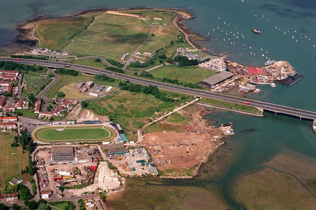 The area of land at Tipner, Portsmouth, bisected by the M275 motorway entrance to Portsmouth, with the greyhound stadium and Pounds yard at bottom left, and the Tipner ranges with Pounds shipbreakers at top. Picture: Mike Scaddan 993153-22