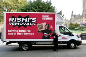 The Big Issue Group's van bearing the text "Rishi's Removals - Driving families out of their homes" was driven around Westminster with a man wearing a Rishi Sunak mask. Picture: Big Issue Group/PA Wire
