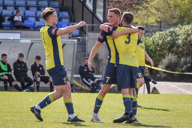 Moneyfields midfielder Jordan Pile celebrates his equaliser. Picture by Paul Collins