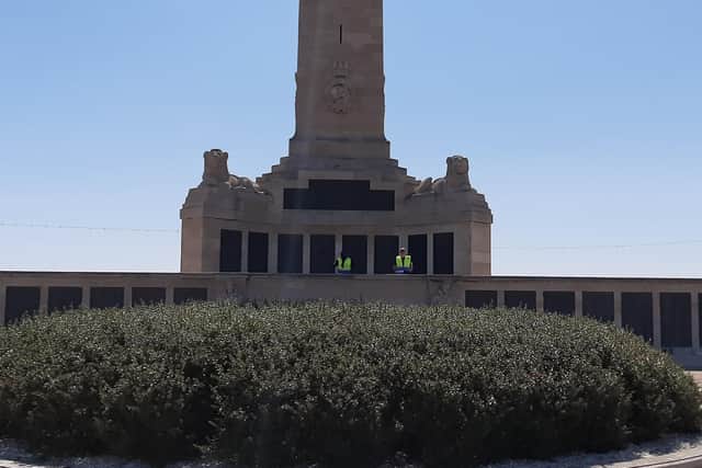 Guards from Southsea-based Vespasian Security pictured protecting Portsmouth's Naval Memorial on Southsea Common after vile yobs used it as a toilet.