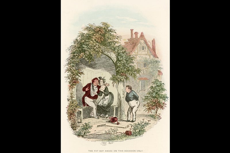 A young passer-by disturbs a courting couple. The caption reads 'The fat boy awoke on this occasion only'. Original Artwork: Illustration by Phiz (Hablot Knight Browne) from Pickwick Papers by Charles Dickens   (Photo by Hulton Archive/Getty Images)