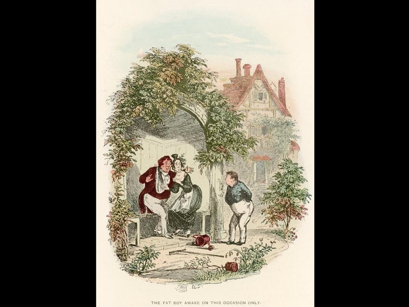 A young passer-by disturbs a courting couple. The caption reads 'The fat boy awoke on this occasion only'. Original Artwork: Illustration by Phiz (Hablot Knight Browne) from Pickwick Papers by Charles Dickens   (Photo by Hulton Archive/Getty Images)