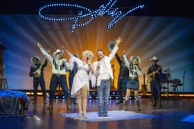 Tricia Paoluccio as Dolly Parton and Steven Webb as Kevin in Here You Come Again. Picture by Hugo Glendinning