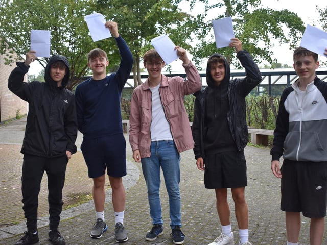 Ewan Goddard, Jacson Barr, Jaycob Britten, Ben Lloyd, Joey Gray at Brune Park collecting their GCSE results