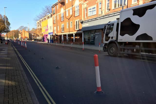 Damage to the temporary bike lane on Elm Grove. Picture: Fiona Callingham