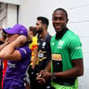 Jofra Archer wearing Southern Brave colours at the official launch of The Hundred last October. Picture: Charlie Crowhurst/Getty Images for ECB.