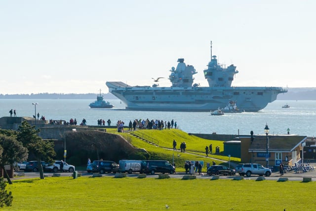 HMS Prince of Wales sailing out of Portsmouth as she heads for a huge Nato deployment in the North Sea. Picture: Michael Woods - Solent Sky Services.