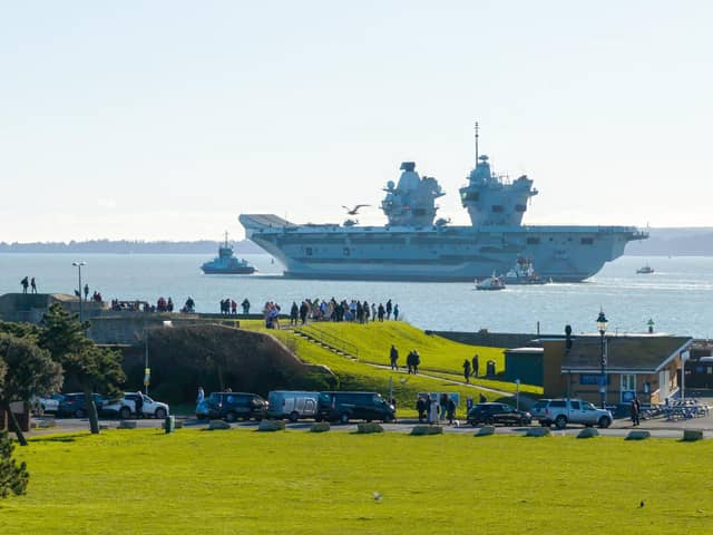 HMS Prince of Wales sailing out of Portsmouth as she heads for a huge Nato deployment in the North Sea. Picture: Michael Woods - Solent Sky Services.