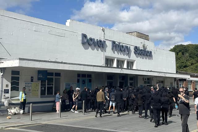 Protesters at Dover Priory train station after black-clad and masked anti-illegal migrant demonstrators blocked roads in Dover during a protest. Picture date: Saturday September 5, 2026. PA Photo. Photo credit should read: Oscar Rihll/PA Wire