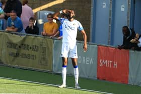 Mo Faal salutes after scoring Hawks' second goal against Concord. Picture  by Dave Haines