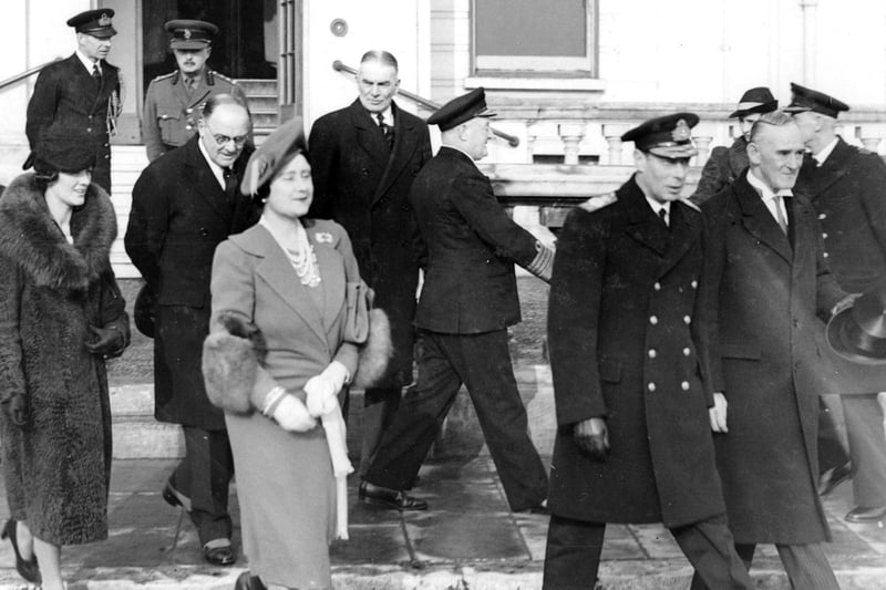 Escorted by naval and military officers here we see King George VI and Queen Elizabeth leaving the Royal Beach Hotel, South Parade, Southsea