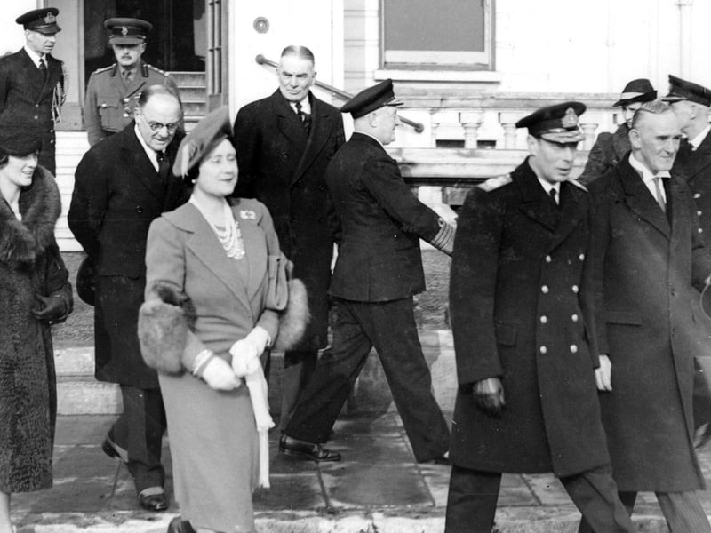 Escorted by naval and military officers here we see King George VI and Queen Elizabeth leaving the Royal Beach Hotel, South Parade, Southsea