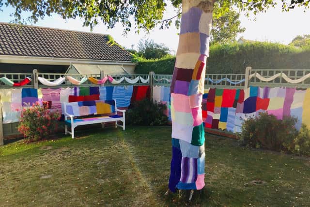 Residents at Alexandra Rose care home in Farlington have been creating 'yarn bombs' to cover trees in the garden during lockdown. Pictured: Efforts from previous years