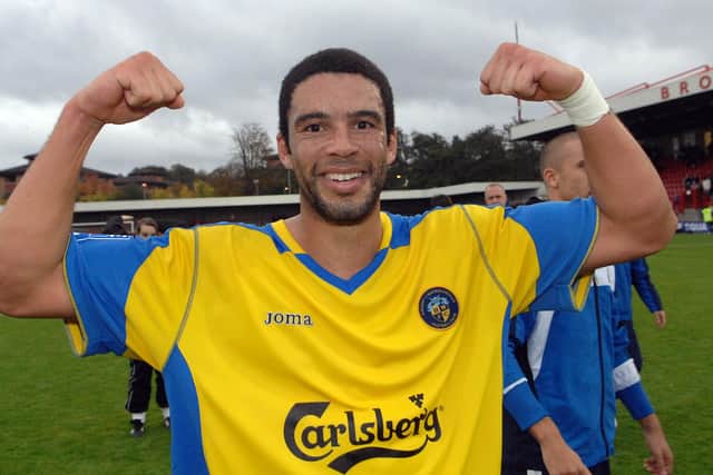 Ian Simpemba celebrates Hawks' 3-0 FA Cup win at Crawley in 2008. Pic: Dave Haines.