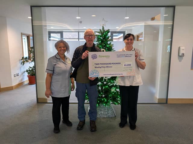 Andrew Lane and Rowans Hospice Physiotherapy Staff, Paula (left) and Emily (right)
