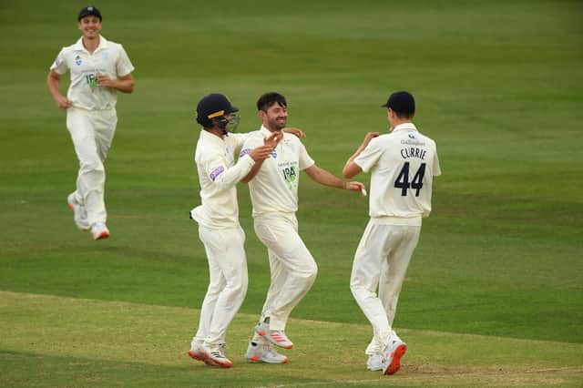 Ian Holland celebrates the wicket of Kent's Daniel Bell-Drummond at Canterbury. Photo by Alex Davidson/Getty Images.