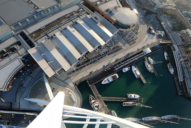 A view from DTM's camera as he base jumps from the Spinnaker Tower.
Picture: DTM/ Solent News & Photo Agency