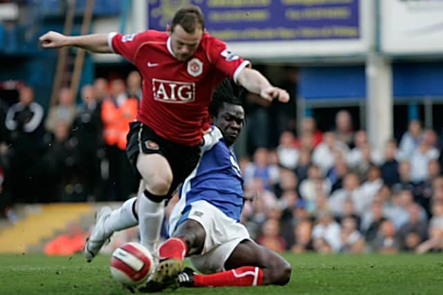 Linvoy Primus produced two stunning tackles on Wayne Rooney in Pompey's 2-1 victory over Manchester United in 2007. Picture: Barry Zee