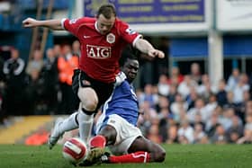 Linvoy Primus produced two stunning tackles on Wayne Rooney in Pompey's 2-1 victory over Manchester United in 2007.    Picture: Barry Zee
