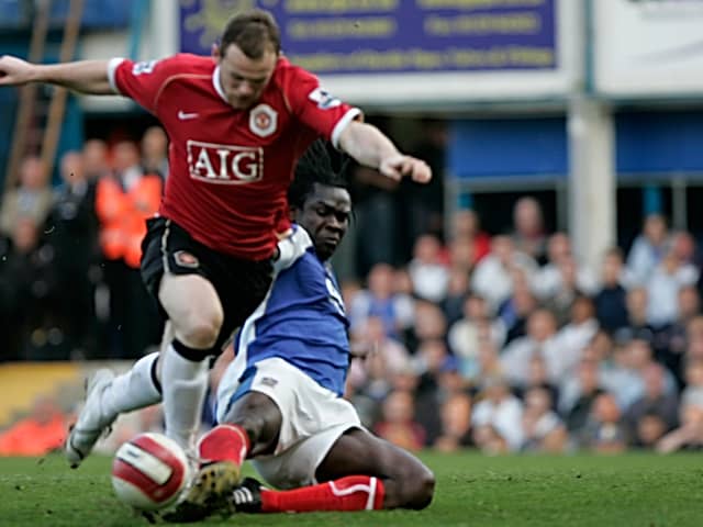Linvoy Primus produced two stunning tackles on Wayne Rooney in Pompey's 2-1 victory over Manchester United in 2007.    Picture: Barry Zee