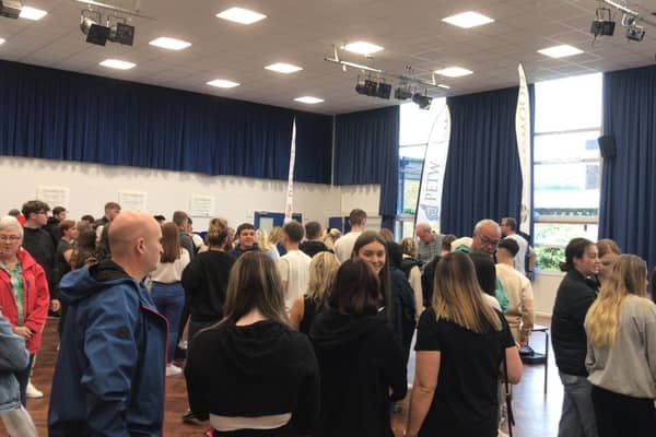 Students at Crookhorn College, Waterlooville, waiting to collect their GCSE results. Picture: Sophie Lewis.