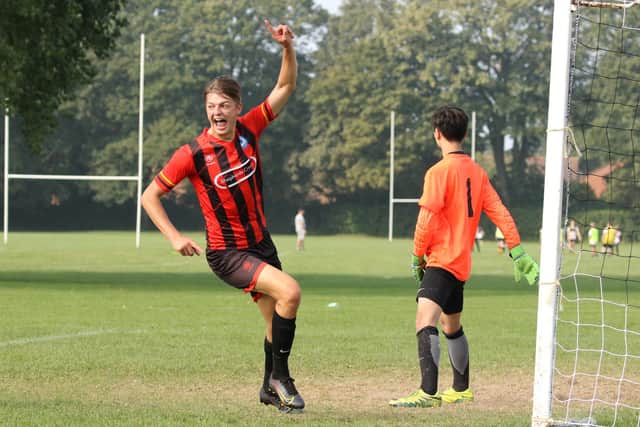Shepherds Crook celebrate another goal in their 9-0 thrashing of Fratton Trades Reserves. Picture by Kevin Shipp