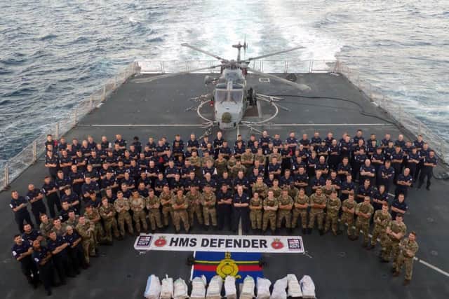 HMS Defender with a £3.3m haul of drugs seized the Middle East. Picture: Royal Navy