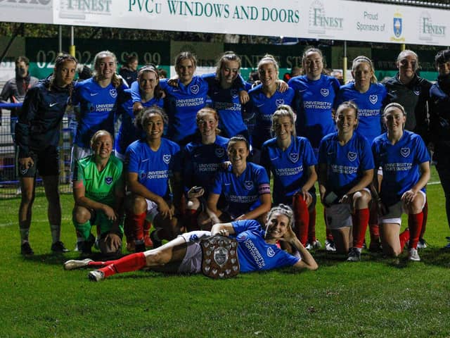 Portsmouth celebrate after retaining the Portsmouth & District FA Senior Women's Cup last night. Picture:Jordan Hampton