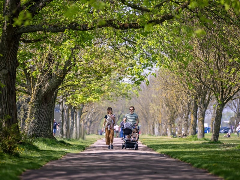 Daisy Barker (33) carrying daughter Birdy (4 months) with Matthew Barker (33) and son Bobby (2) enjoying a sunny stroll along Ladies Mile. Picture: Mike Cooter (110524)