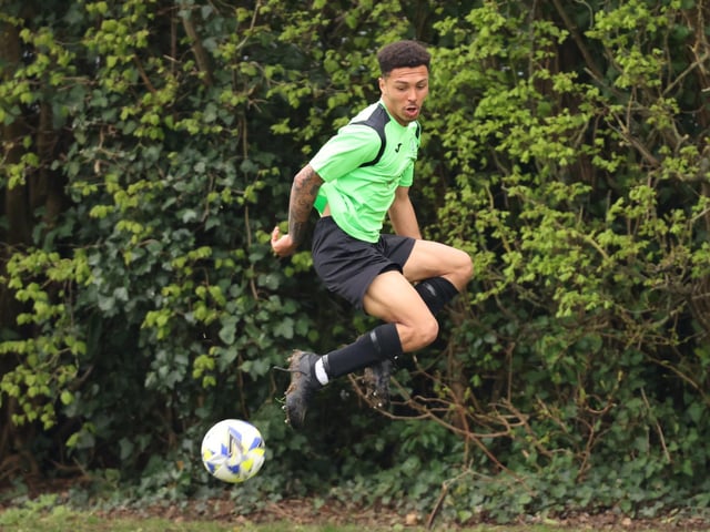 Action from the City of Portsmouth Sunday League Division Four match between AFC Bedhampton Village reserves (green and black kit) and Friends Fighting Cancer. Picture: Kevin Shipp
