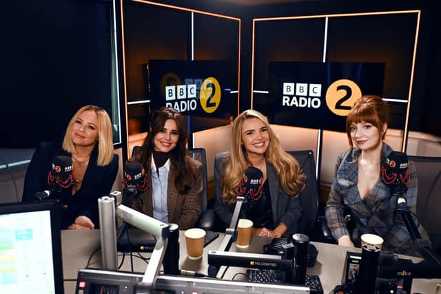 Kimberley Walsh, Cheryl, Nadine Coyle, and Nicola Roberts of Girls Aloud joined Zoe Ball on the Radio 2 Breakfast Show to announce their 2024 arena tour in memory of their late bandmate Sarah Harding.  Photo: BBC/PA Wire