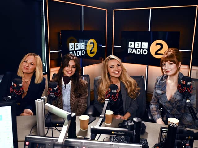 Kimberley Walsh, Cheryl, Nadine Coyle, and Nicola Roberts of Girls Aloud joined Zoe Ball on the Radio 2 Breakfast Show to announce their 2024 arena tour in memory of their late bandmate Sarah Harding.  Photo: BBC/PA Wire