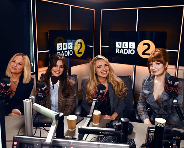 Kimberley Walsh, Cheryl, Nadine Coyle, and Nicola Roberts of Girls Aloud joined Zoe Ball on the Radio 2 Breakfast Show to announce their 2024 arena tour in memory of their late bandmate Sarah Harding.  Photo: BBC/PA Wire