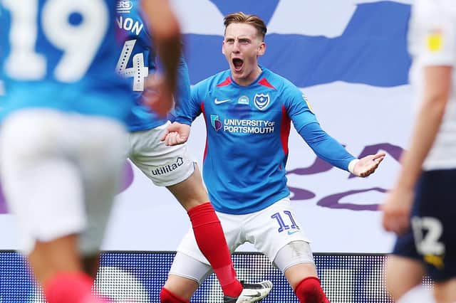 Ronan Curtis celebrates scoring against Oxford United in the recent League One play-offs