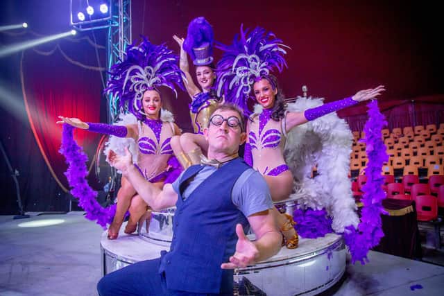 Yuriy Antoniv with show girls, Eva Silverston, Sarah Hayes, and Evan McIntosh. Picture: Habibur Rahman