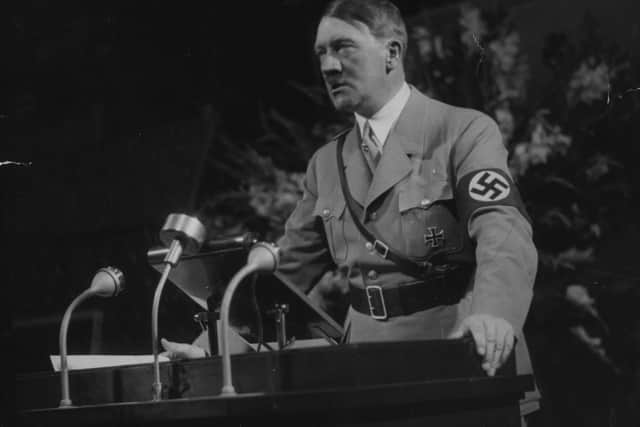 Adolf Hitler addressing a Nazi rally in 1939.  Photo by Hulton Archive/Getty Images